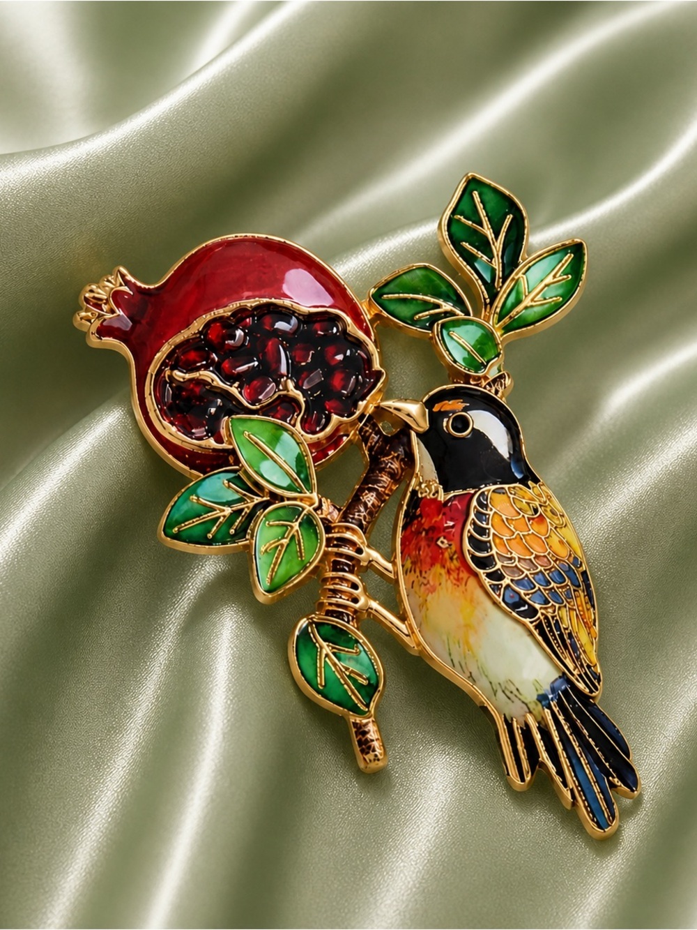 Pomegranate Bird Gold Brooch - Picture 4 of 11